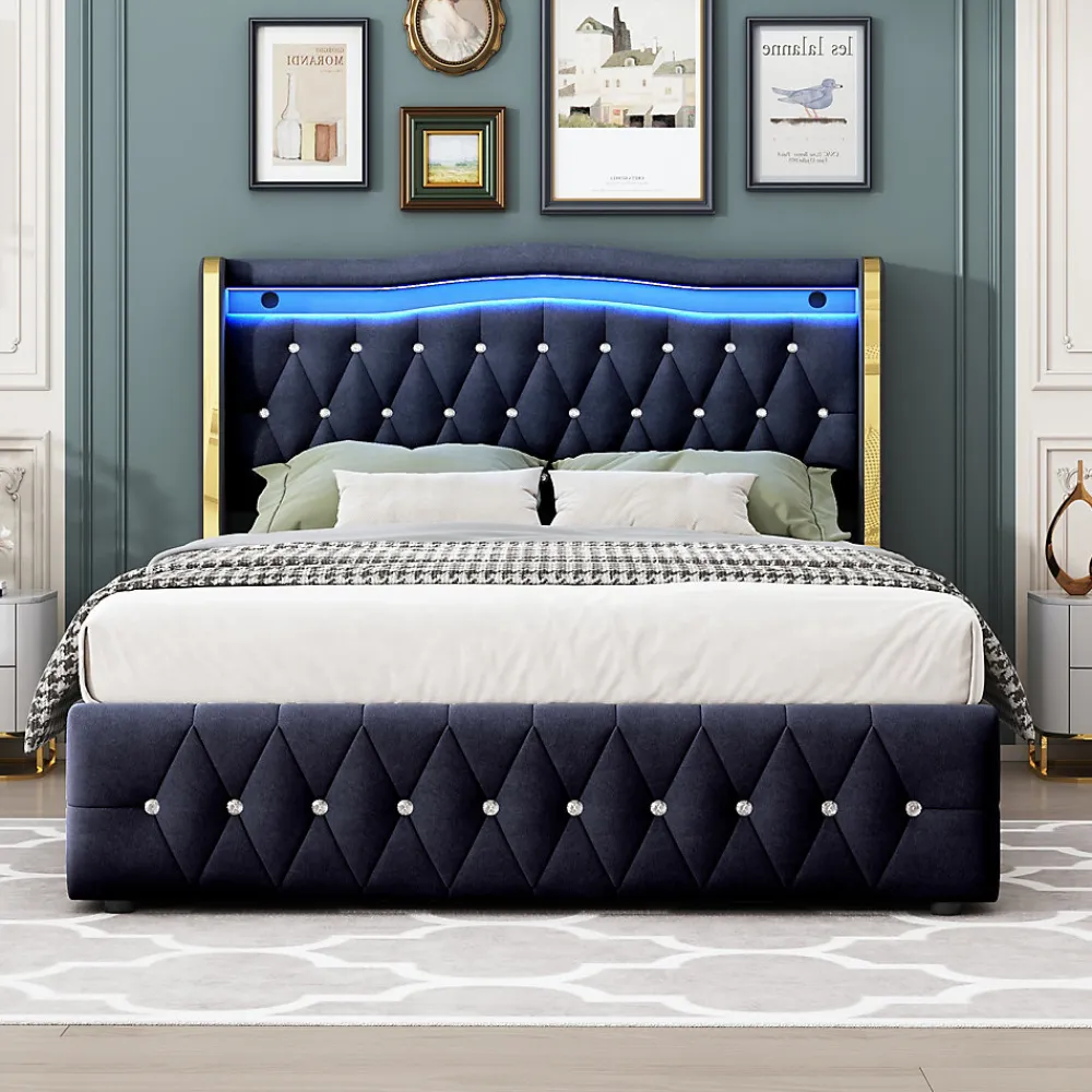 Lit 140x200 cm avec rangement hydraulique, tête capitonnée en velours noir, éclairage LED et pieds larges>Redom Sale