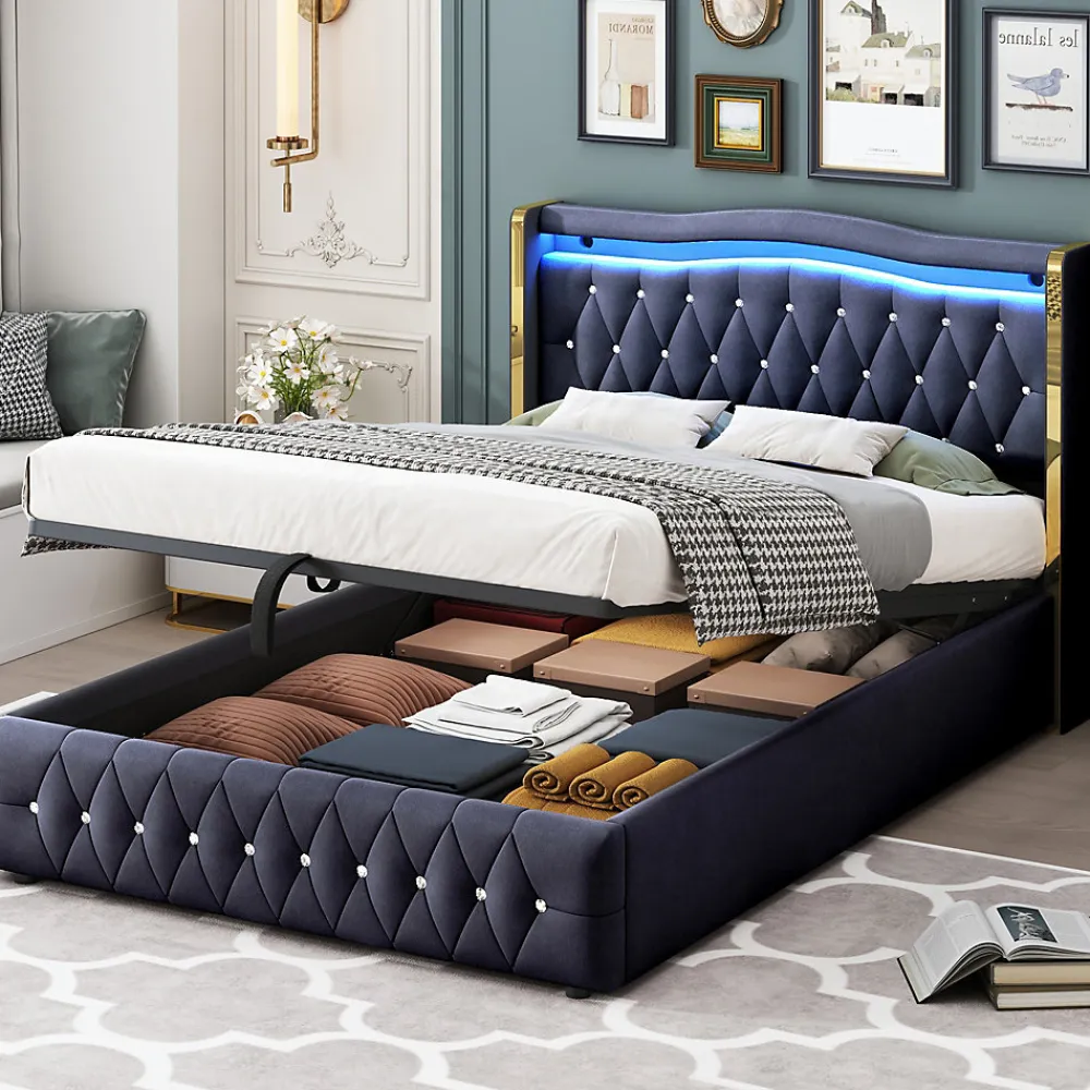 Lit 140x200 cm avec rangement hydraulique, tête capitonnée en velours noir, éclairage LED et pieds larges>Redom Sale
