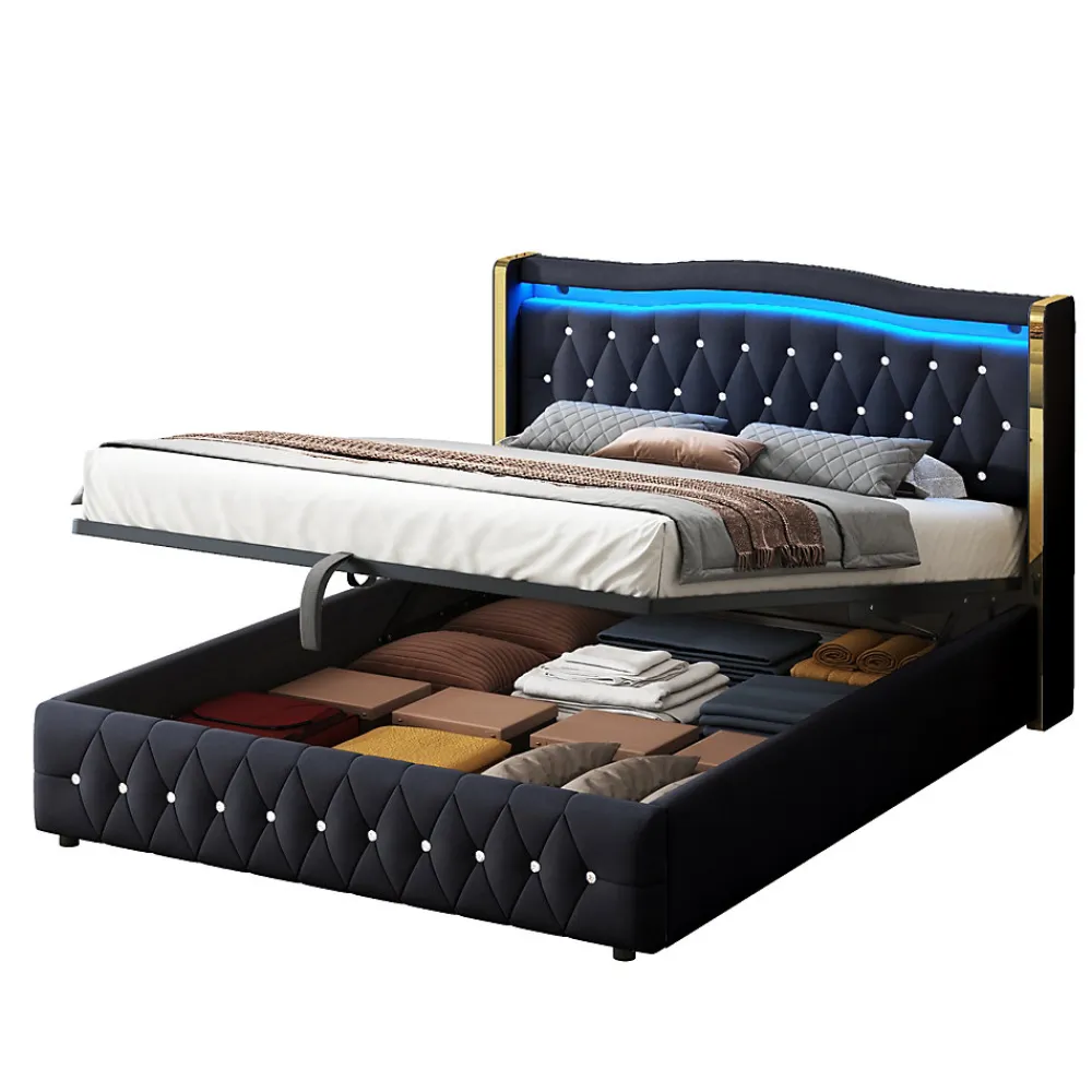 Lit 140x200 cm avec rangement hydraulique, tête capitonnée en velours noir, éclairage LED et pieds larges>Redom Sale