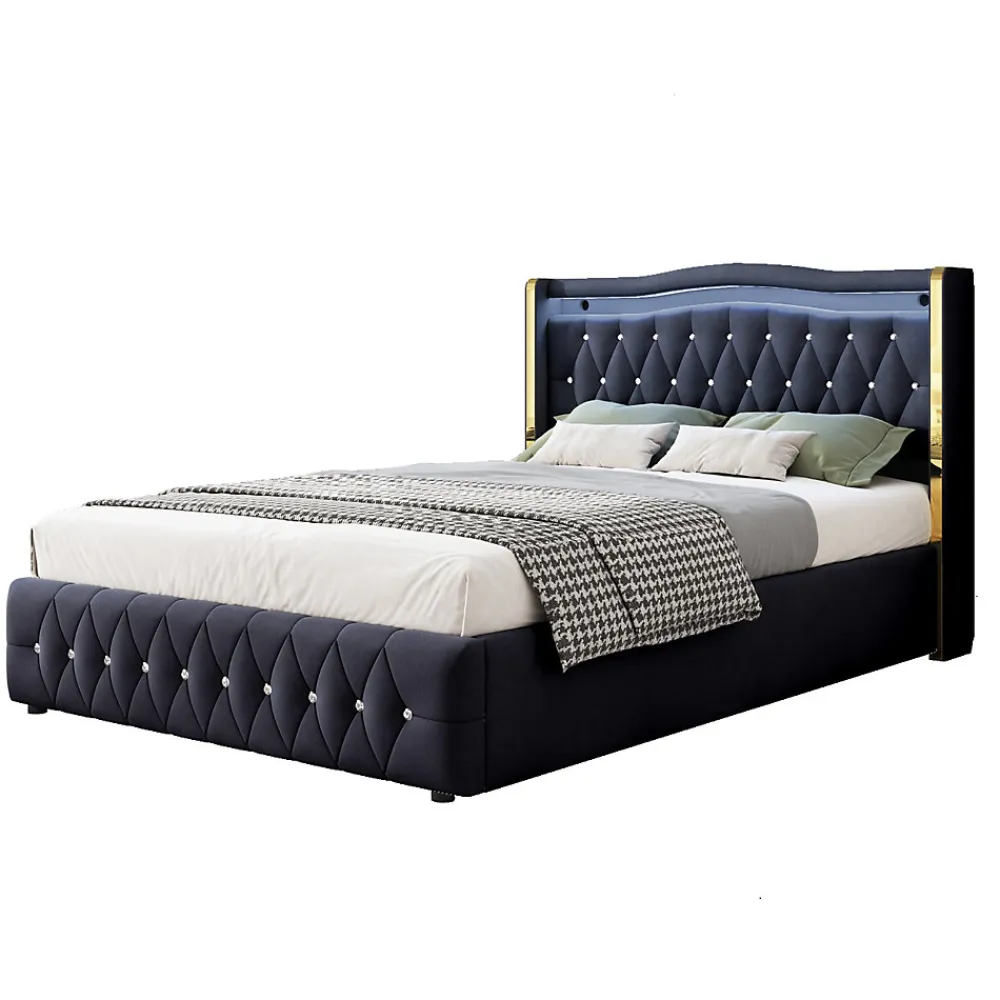 Lit 140x200 cm avec rangement hydraulique, tête capitonnée en velours noir, éclairage LED et pieds larges>Redom Sale