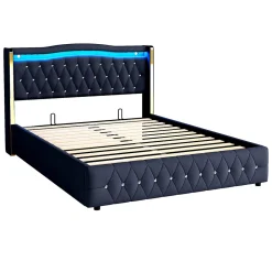 Lit 140x200 cm avec rangement hydraulique, tête capitonnée en velours noir, éclairage LED et pieds larges><noscript><img width=