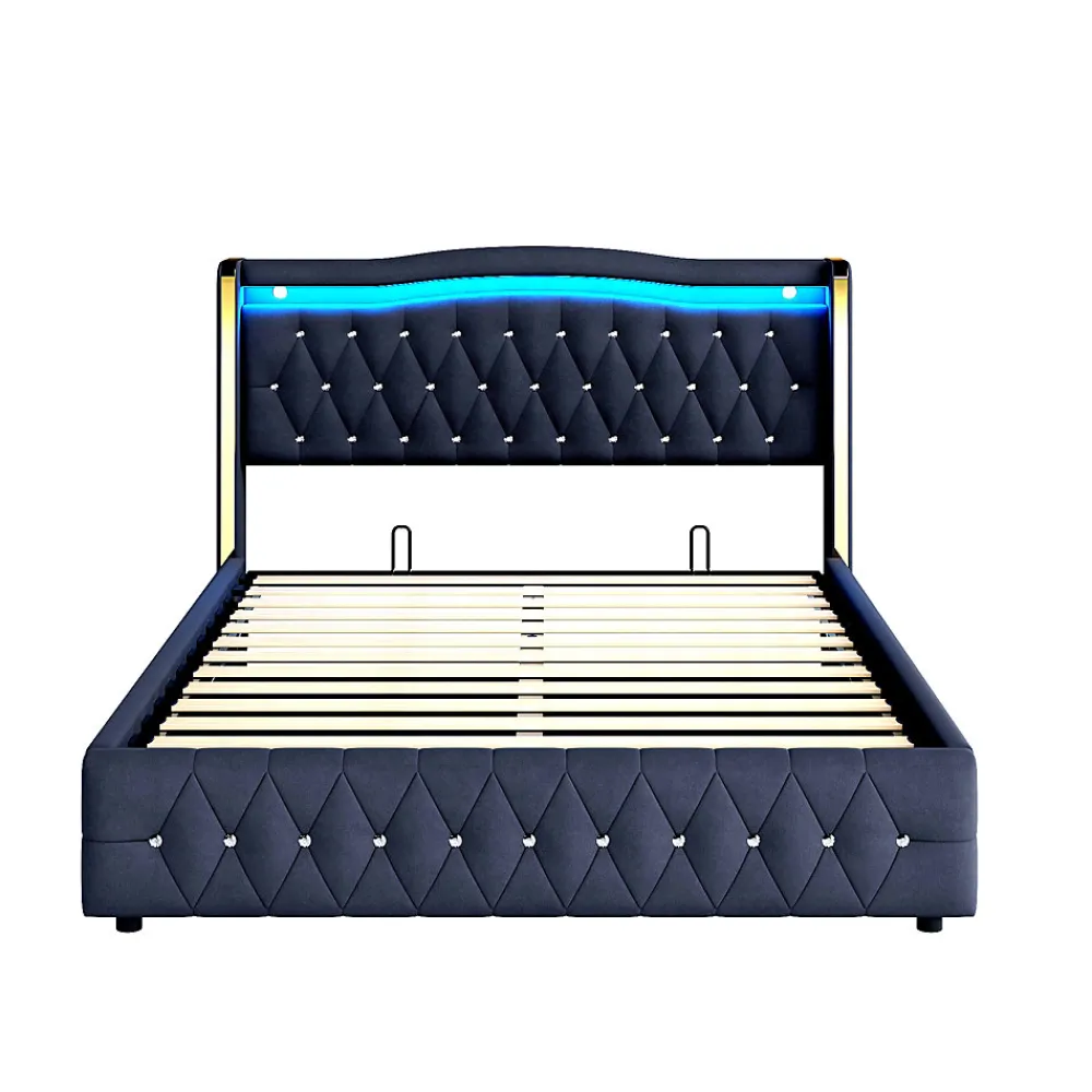 Lit 140x200 cm avec rangement hydraulique, tête capitonnée en velours noir, éclairage LED et pieds larges>Redom Sale