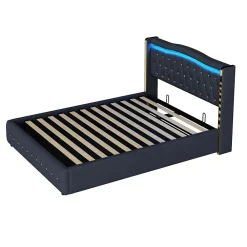 Lit 140x200 cm avec rangement hydraulique, tête capitonnée en velours noir, éclairage LED et pieds larges><noscript><img width=
