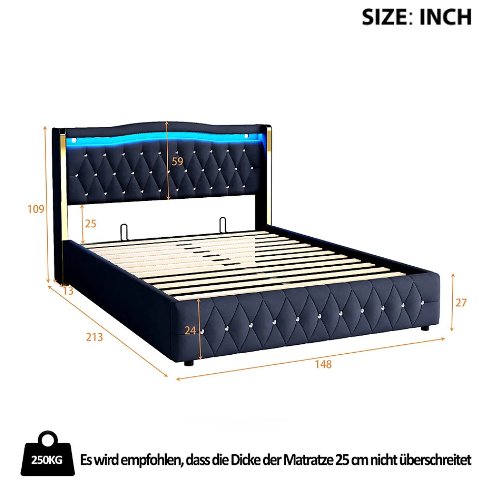 Lit 140x200 cm avec rangement hydraulique, tête capitonnée en velours noir, éclairage LED et pieds larges>Redom Sale