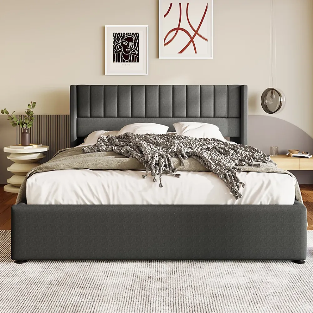 Redom Lit 160x200 cm avec rangement hydraulique, tête de lit tapissée en lin gris et structure robuste* Lit Avec Rangement