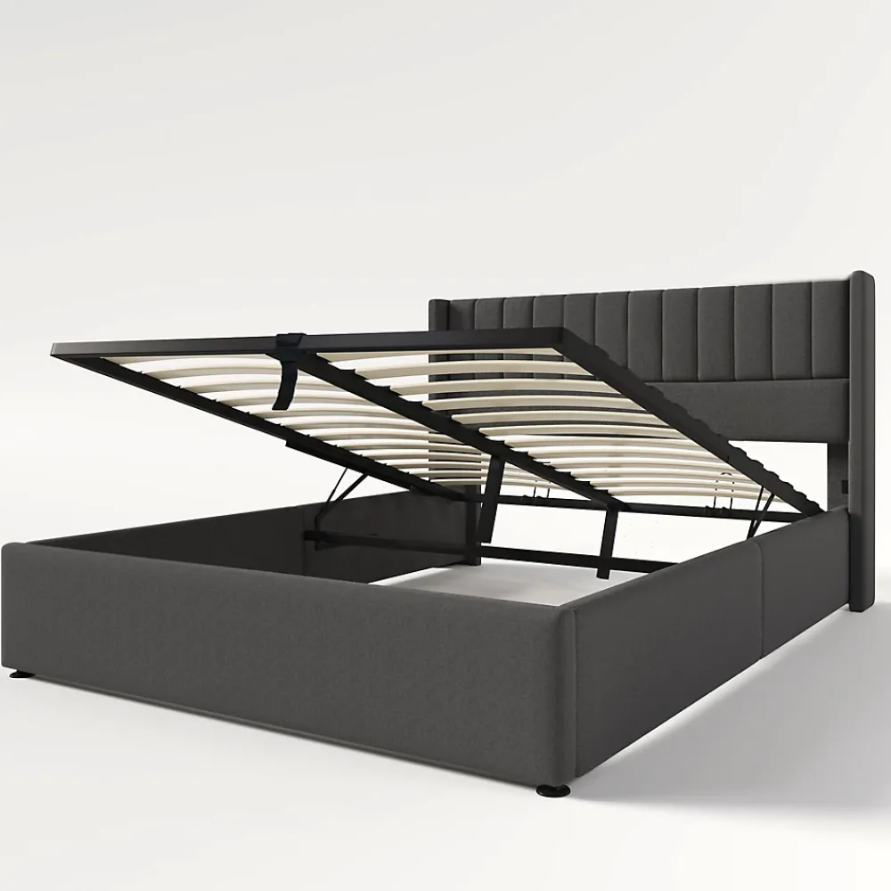 Redom Lit 160x200 cm avec rangement hydraulique, tête de lit tapissée en lin gris et structure robuste* Lit Avec Rangement