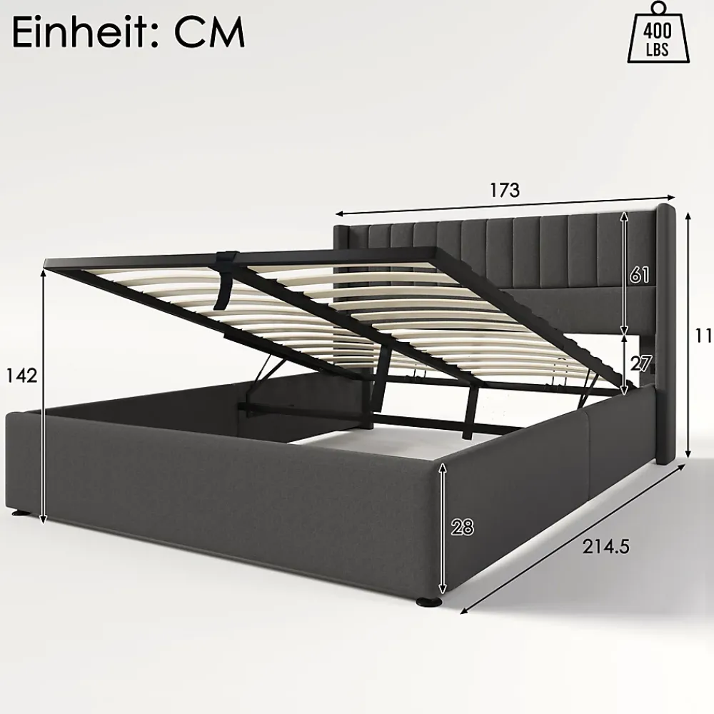 Redom Lit 160x200 cm avec rangement hydraulique, tête de lit tapissée en lin gris et structure robuste* Lit Avec Rangement