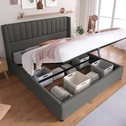 Redom Lit 160x200 cm avec rangement hydraulique, tête de lit tapissée en lin gris et structure robuste* Lit Avec Rangement