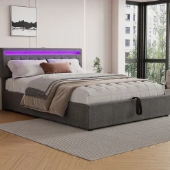 Lit 160x200 cm avec rangement hydraulique et éclairage LED multicolore, revêtement lin gris moderne><noscript><img width=