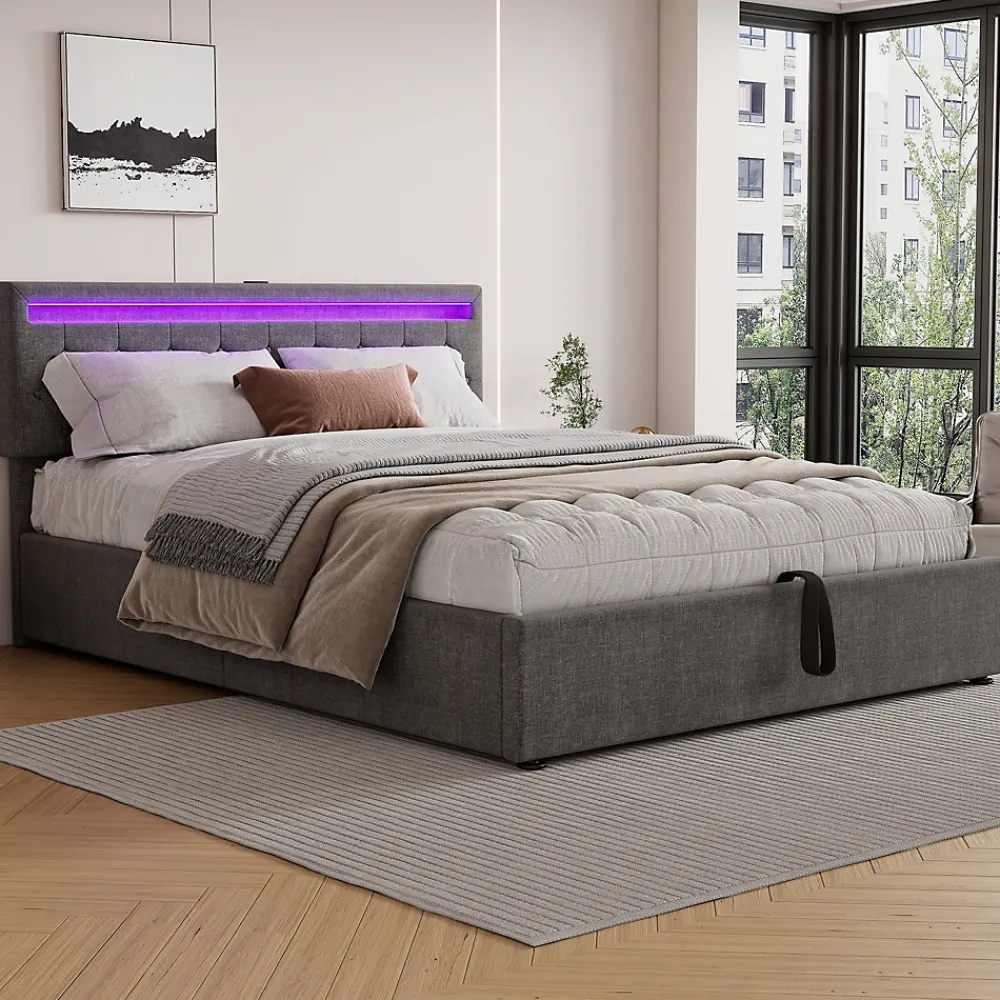 Lit 160x200 cm avec rangement hydraulique et éclairage LED multicolore, revêtement lin gris moderne>Redom Outlet