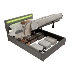 Lit 160x200 cm avec rangement hydraulique et éclairage LED multicolore, revêtement lin gris moderne><noscript><img width=