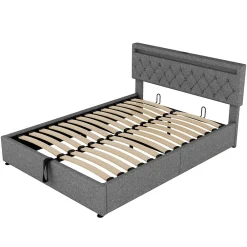 Lit 160x200 cm avec rangement hydraulique et éclairage LED multicolore, revêtement lin gris moderne><noscript><img width=