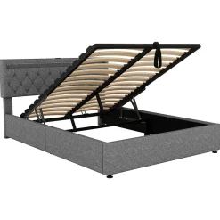 Lit 160x200 cm avec rangement hydraulique et éclairage LED multicolore, revêtement lin gris moderne><noscript><img width=