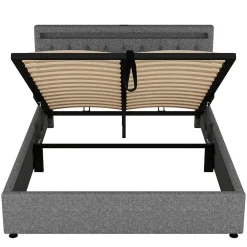 Lit 160x200 cm avec rangement hydraulique et éclairage LED multicolore, revêtement lin gris moderne><noscript><img width=