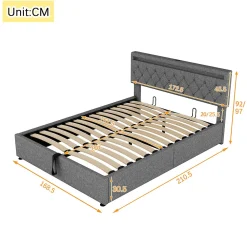 Lit 160x200 cm avec rangement hydraulique et éclairage LED multicolore, revêtement lin gris moderne><noscript><img width=