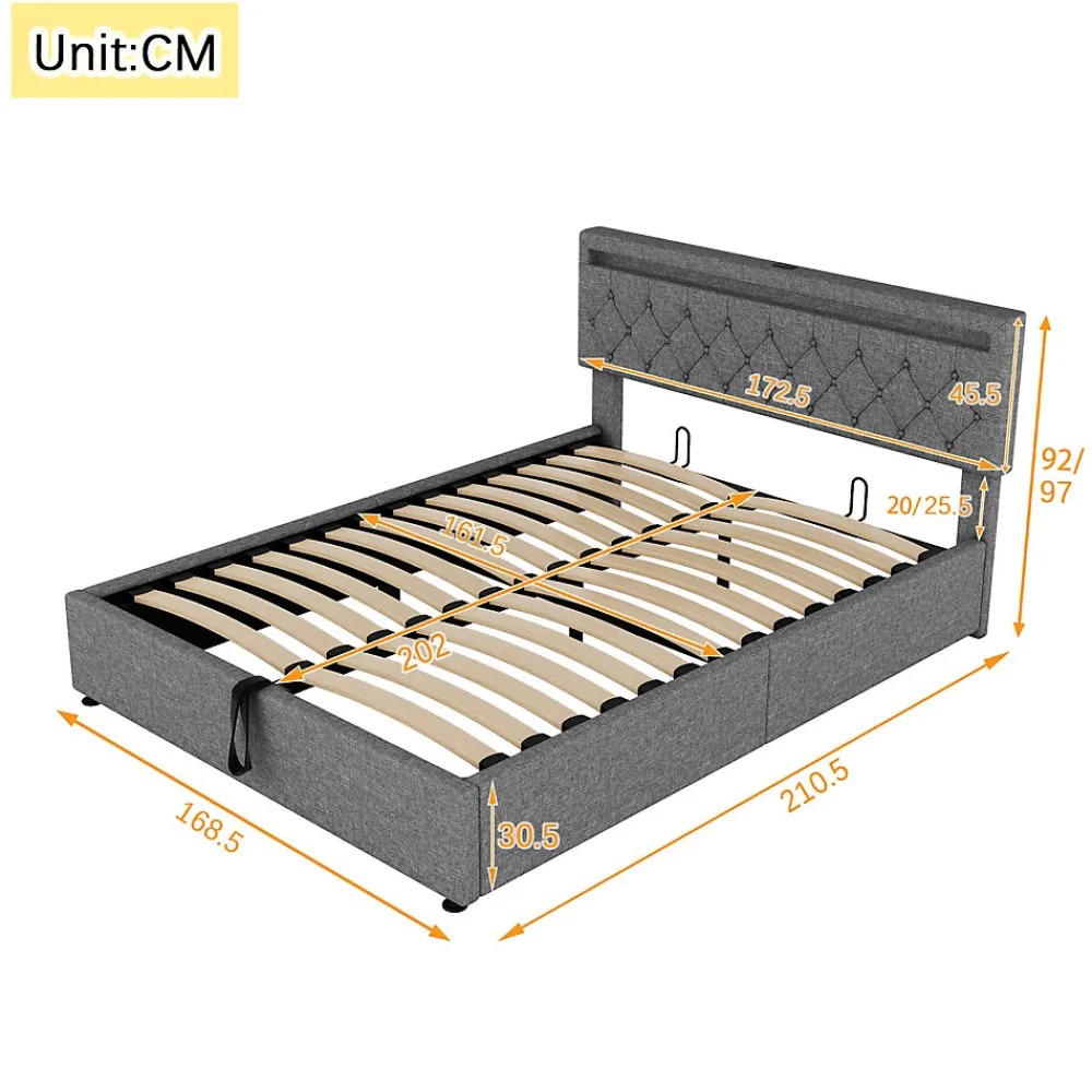 Lit 160x200 cm avec rangement hydraulique et éclairage LED multicolore, revêtement lin gris moderne>Redom Outlet
