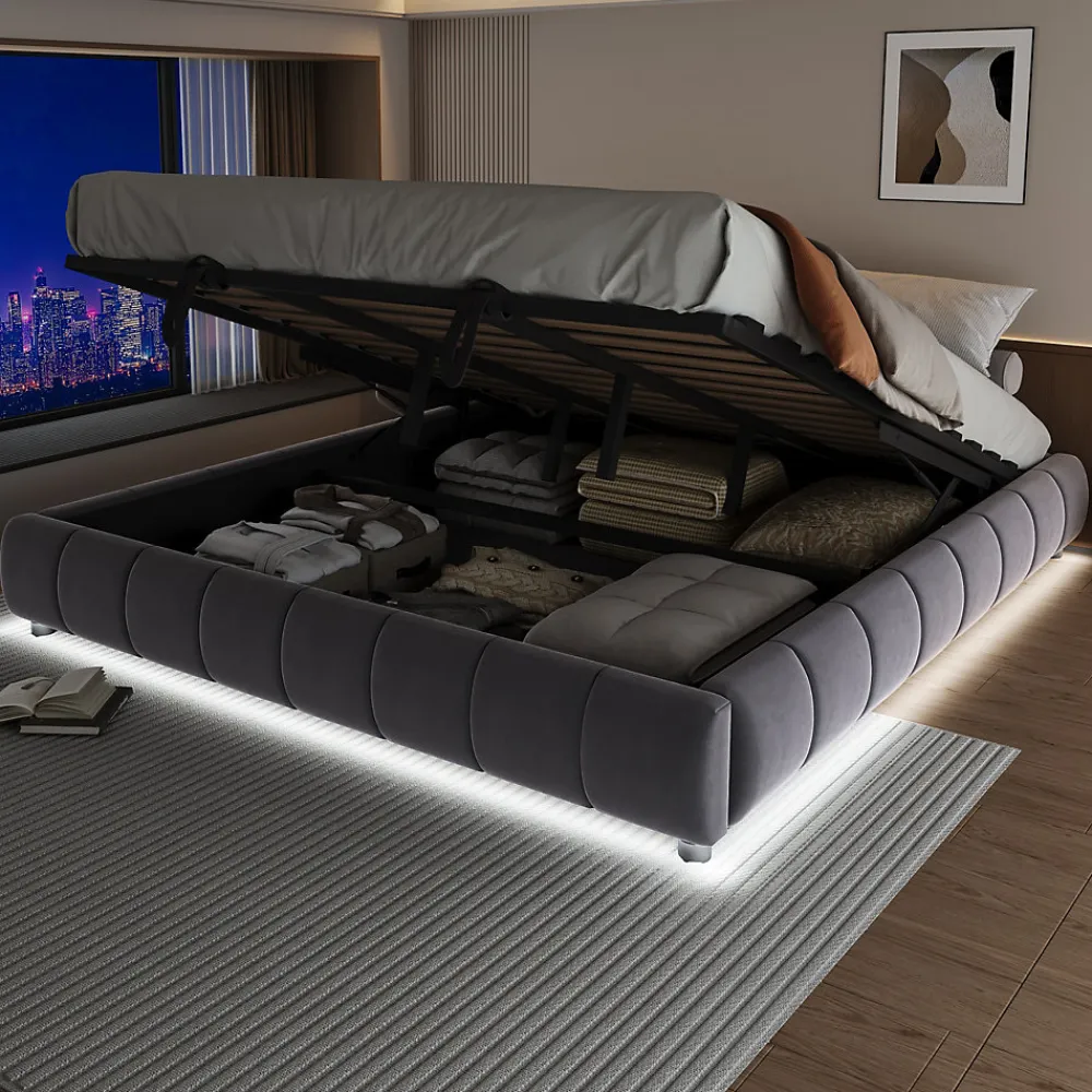 Lit 180x200 cm avec rangement hydraulique et bande LED blanche intégrée, tapissé flanelle gris, cadre métal robuste>Redom Outlet