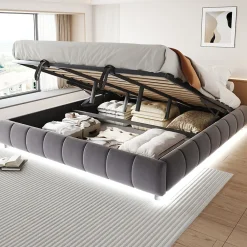 Lit 180x200 cm avec rangement hydraulique et bande LED blanche intégrée, tapissé flanelle gris, cadre métal robuste><noscript><img width=