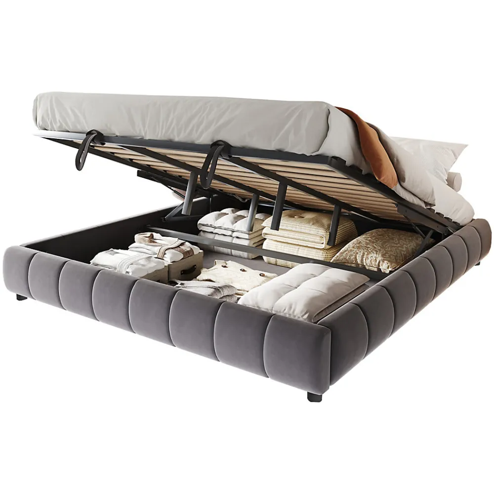 Lit 180x200 cm avec rangement hydraulique et bande LED blanche intégrée, tapissé flanelle gris, cadre métal robuste>Redom Outlet