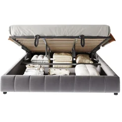 Lit 180x200 cm avec rangement hydraulique et bande LED blanche intégrée, tapissé flanelle gris, cadre métal robuste><noscript><img width=
