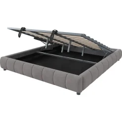 Lit 180x200 cm avec rangement hydraulique et bande LED blanche intégrée, tapissé flanelle gris, cadre métal robuste><noscript><img width=