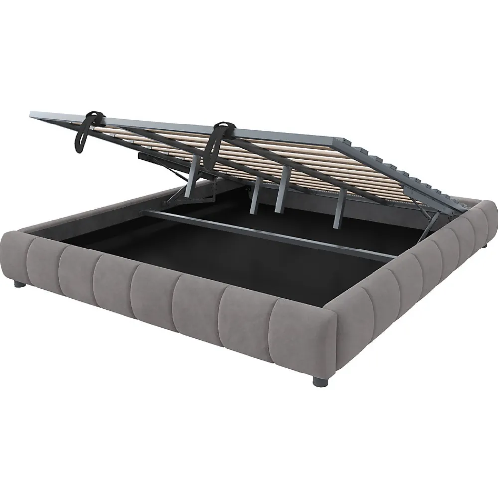 Lit 180x200 cm avec rangement hydraulique et bande LED blanche intégrée, tapissé flanelle gris, cadre métal robuste>Redom Outlet