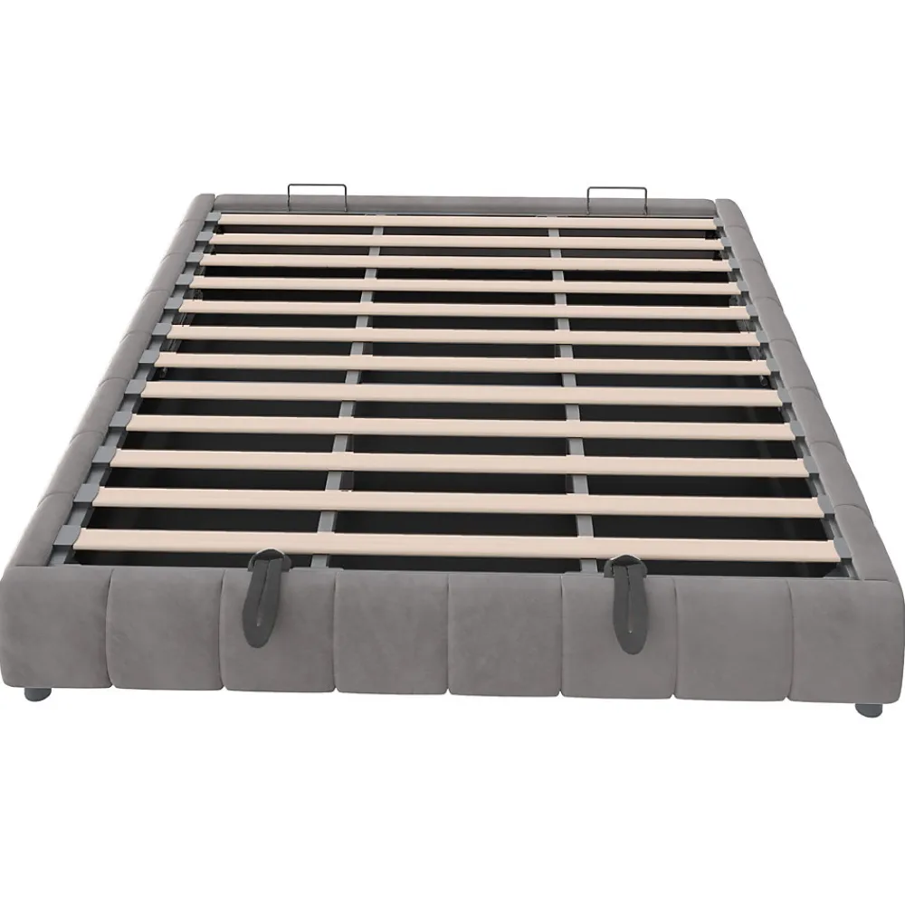 Lit 180x200 cm avec rangement hydraulique et bande LED blanche intégrée, tapissé flanelle gris, cadre métal robuste>Redom Outlet