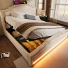 Lit 140x200 cm avec rangement hydraulique, éclairage LED multicolore et tête de lit tapissée en velours beige>Redom Online