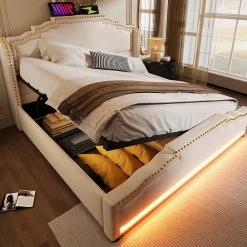 Lit 140x200 cm avec rangement hydraulique, éclairage LED multicolore et tête de lit tapissée en velours beige>Redom Online