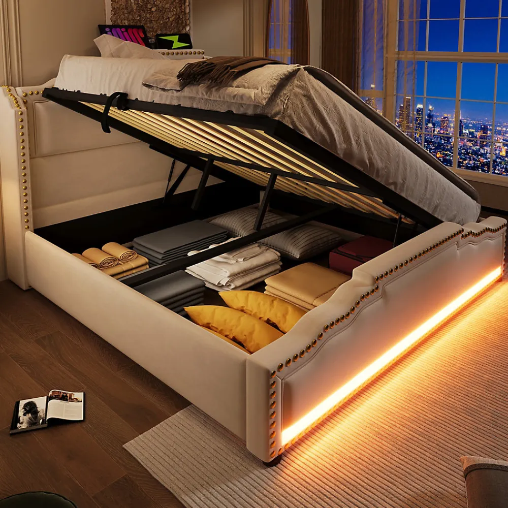 Lit 140x200 cm avec rangement hydraulique, éclairage LED multicolore et tête de lit tapissée en velours beige>Redom Online