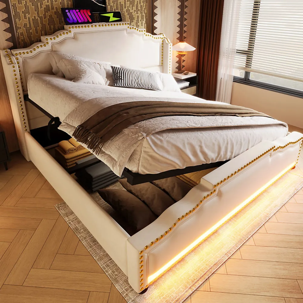 Lit 140x200 cm avec rangement hydraulique, éclairage LED multicolore et tête de lit tapissée en velours beige>Redom Online