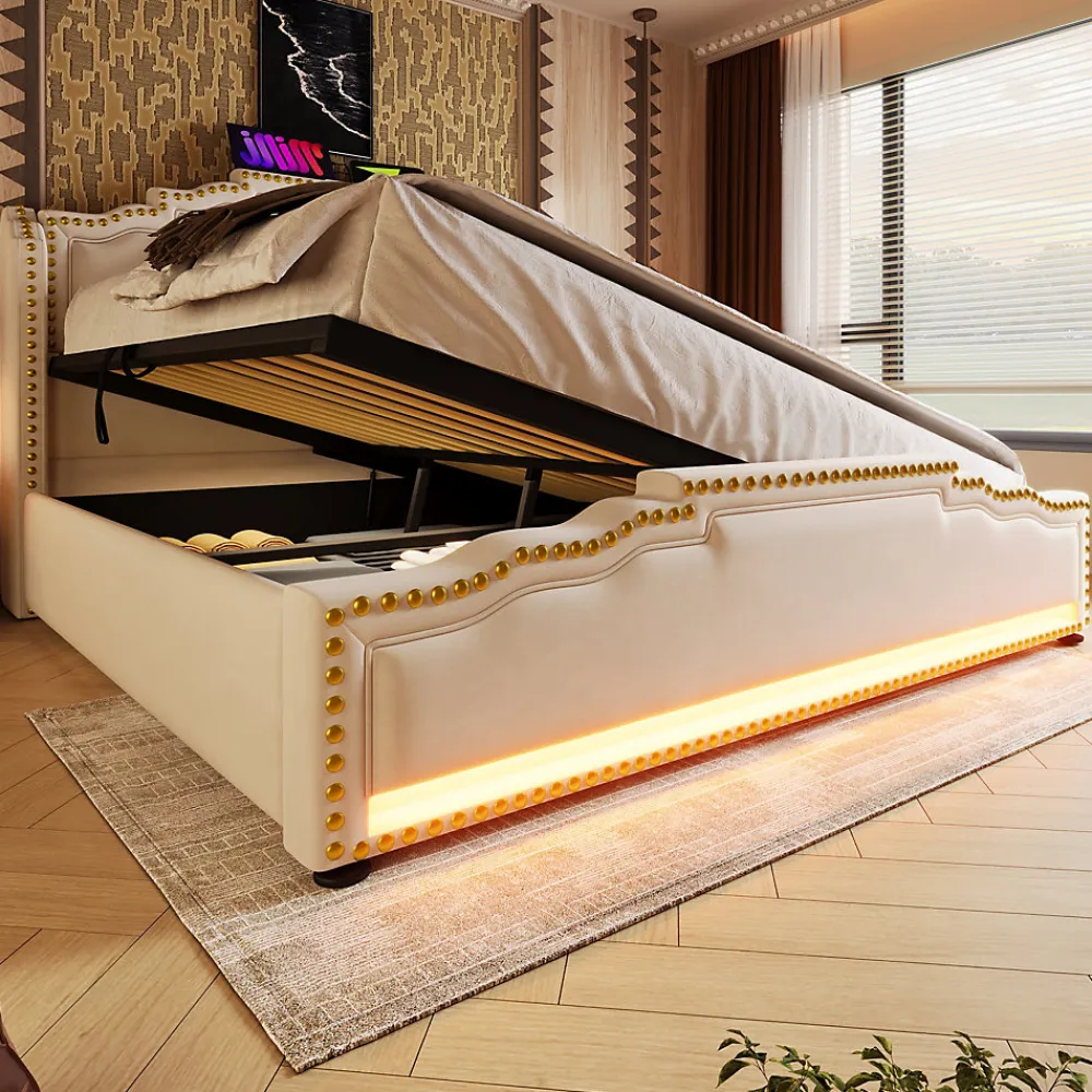 Lit 140x200 cm avec rangement hydraulique, éclairage LED multicolore et tête de lit tapissée en velours beige>Redom Online