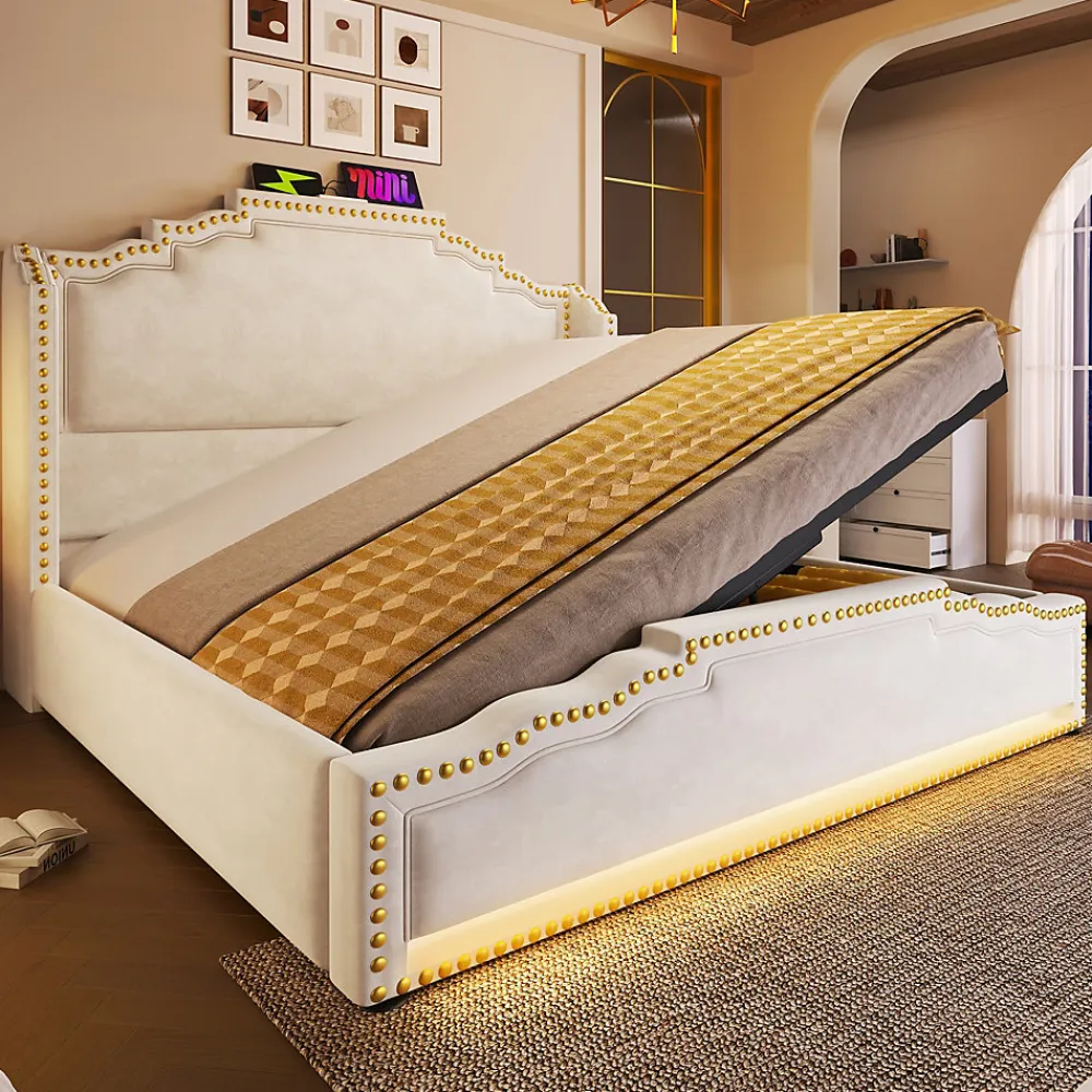 Lit 140x200 cm avec rangement hydraulique, éclairage LED multicolore et tête de lit tapissée en velours beige>Redom Online