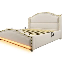 Lit 140x200 cm avec rangement hydraulique, éclairage LED multicolore et tête de lit tapissée en velours beige><noscript><img width=