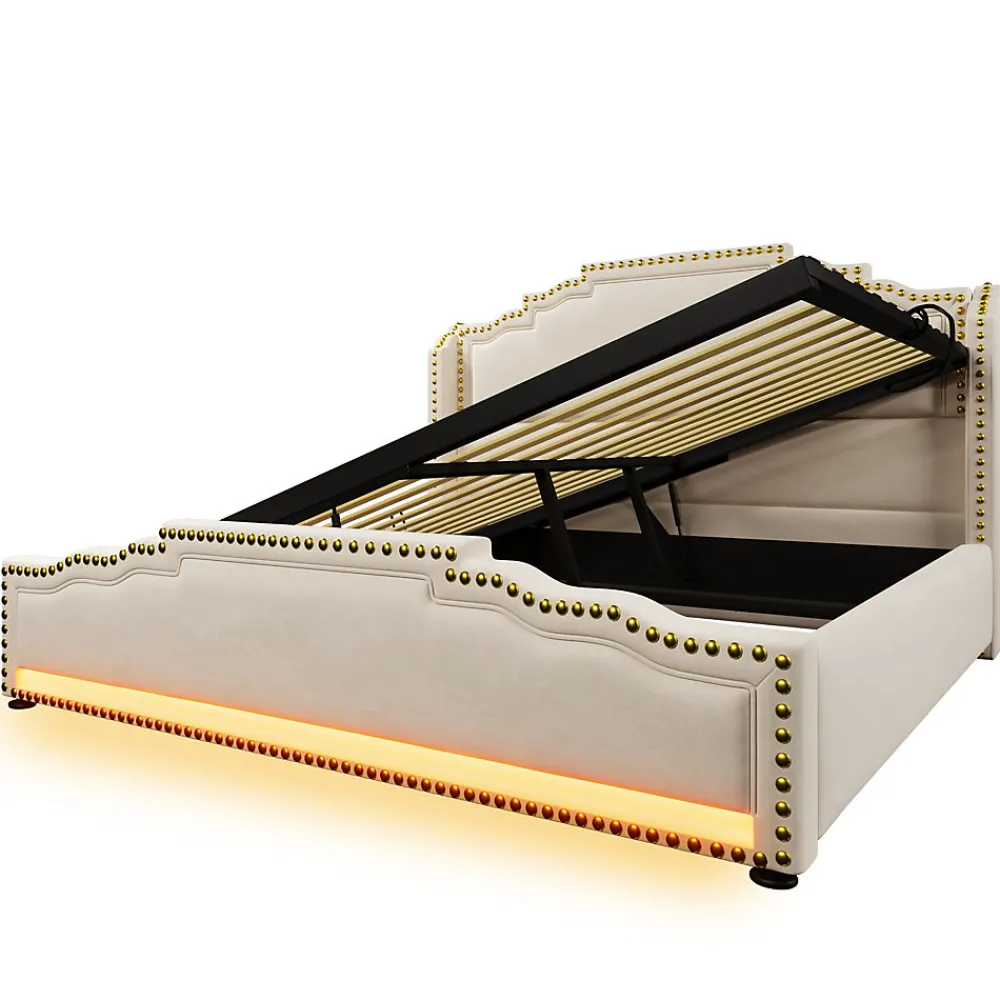 Lit 140x200 cm avec rangement hydraulique, éclairage LED multicolore et tête de lit tapissée en velours beige>Redom Online