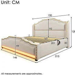 Lit 140x200 cm avec rangement hydraulique, éclairage LED multicolore et tête de lit tapissée en velours beige><noscript><img width=