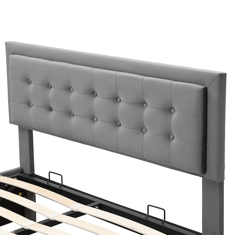 Lit 140x200 cm avec rangement hydraulique et tête de lit réglable, tapissé velours gris, pieds métal>Redom Clearance