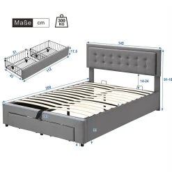 Lit 140x200 cm avec rangement hydraulique et tête de lit réglable, tapissé velours gris, pieds métal><noscript><img width=