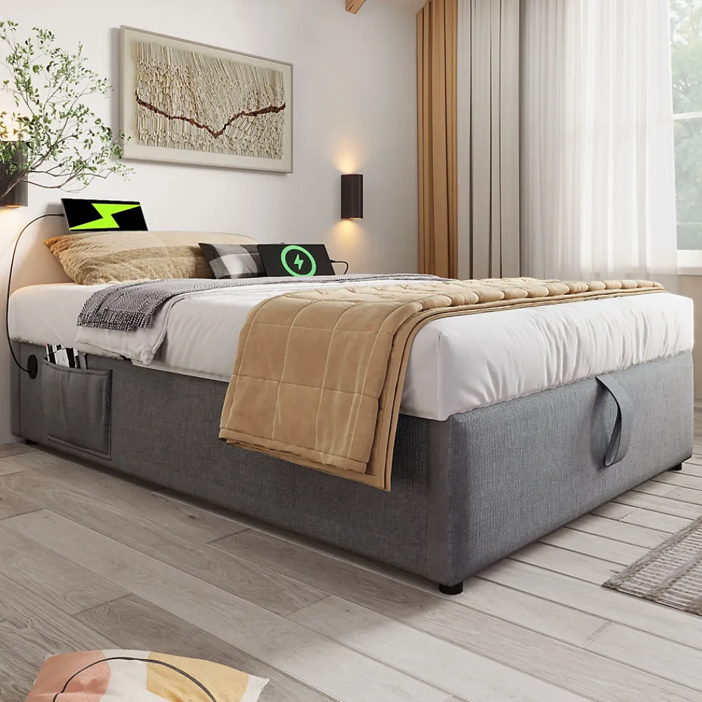 Lit 90x200 cm avec rangement hydraulique, tête de lit étagère en lin gris et ports USB-C, design contemporain>Redom