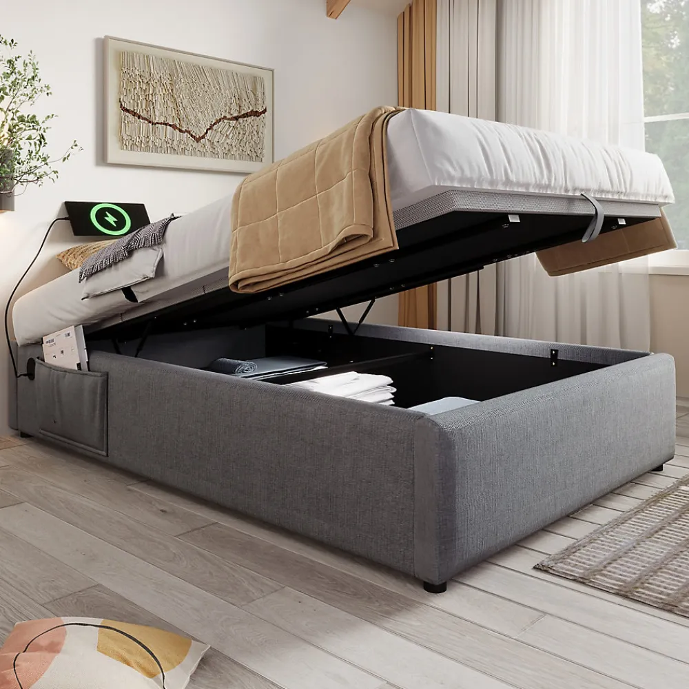 Lit 90x200 cm avec rangement hydraulique, tête de lit étagère en lin gris et ports USB-C, design contemporain>Redom