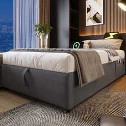 Lit 90x200 cm avec rangement hydraulique, tête de lit étagère en lin gris et ports USB-C, design contemporain><noscript><img width=