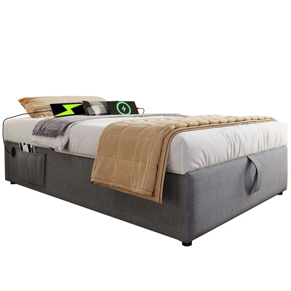 Lit 90x200 cm avec rangement hydraulique, tête de lit étagère en lin gris et ports USB-C, design contemporain>Redom