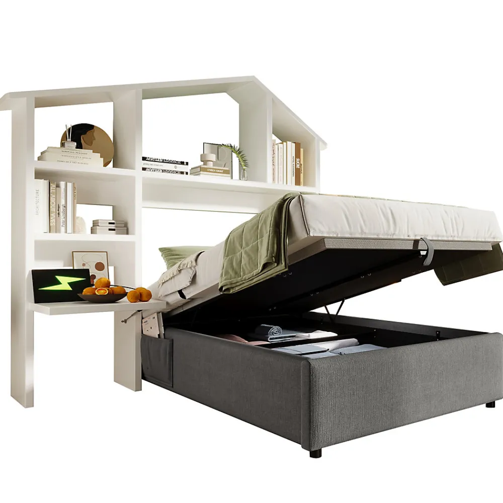 Lit 90x200 cm avec rangement hydraulique, tête de lit étagère en lin gris et ports USB-C, design contemporain>Redom