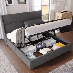 Redom Lit 160x200 cm avec rangement hydraulique et tête de lit réglable, revêtement lin gris et cadre métal* Lit Avec Rangement