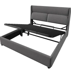 Redom Lit 160x200 cm avec rangement hydraulique et tête de lit réglable, revêtement lin gris et cadre métal* Lit Avec Rangement