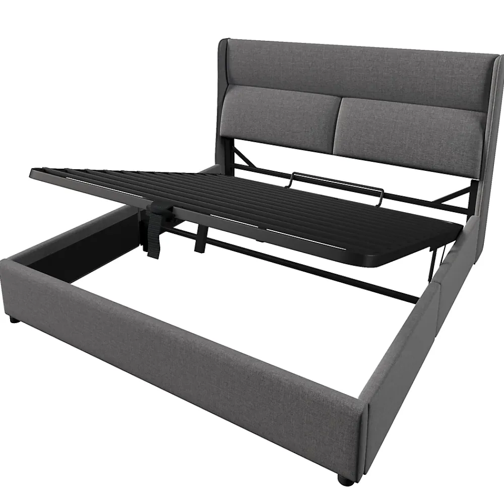 Redom Lit 160x200 cm avec rangement hydraulique et tête de lit réglable, revêtement lin gris et cadre métal* Lit Avec Rangement