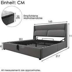 Redom Lit 160x200 cm avec rangement hydraulique et tête de lit réglable, revêtement lin gris et cadre métal* Lit Avec Rangement
