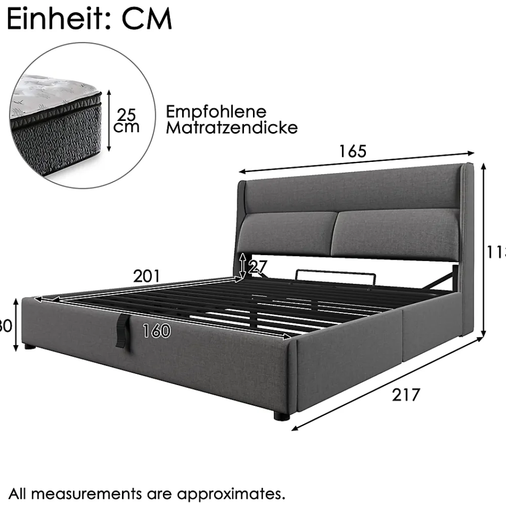 Redom Lit 160x200 cm avec rangement hydraulique et tête de lit réglable, revêtement lin gris et cadre métal* Lit Avec Rangement