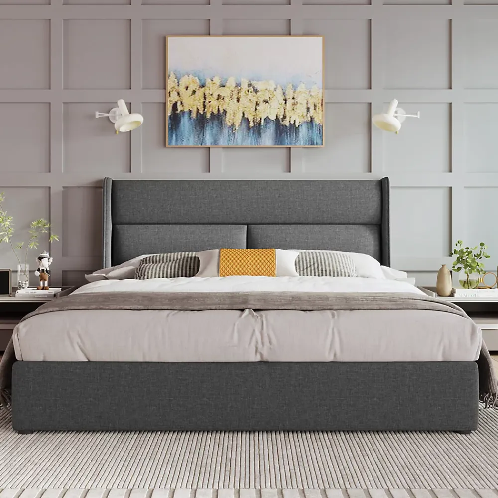 Redom Lit 160x200 cm avec rangement hydraulique et tête de lit réglable, revêtement lin gris et cadre métal* Lit Avec Rangement