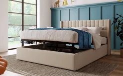Redom Lit 140x200 cm avec rangement hydraulique et tête de lit rembourrée en lin beige, design moderne et élégant* Lit Avec Rangement